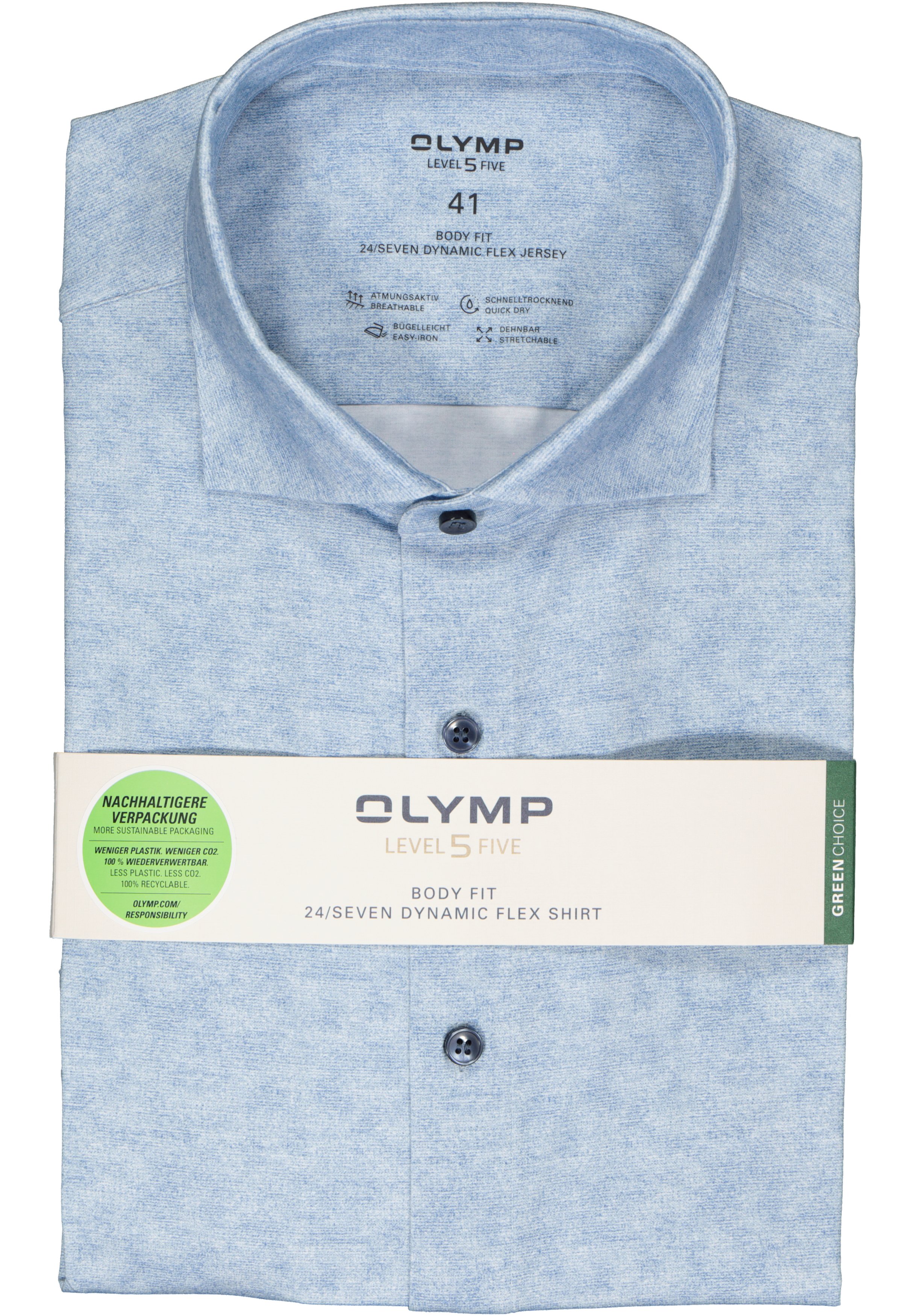 OLYMP 24/7 Level 5 body fit overhemd, tricot, blauw melange