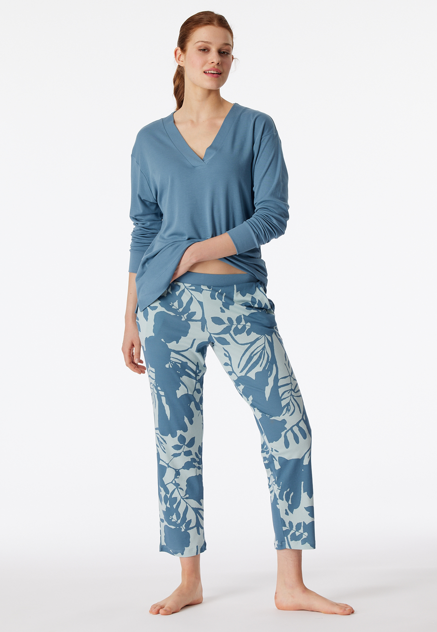 SCHIESSER Modern Nightwear pyjamaset, dames pyjama lange V-hals blauw-grijs