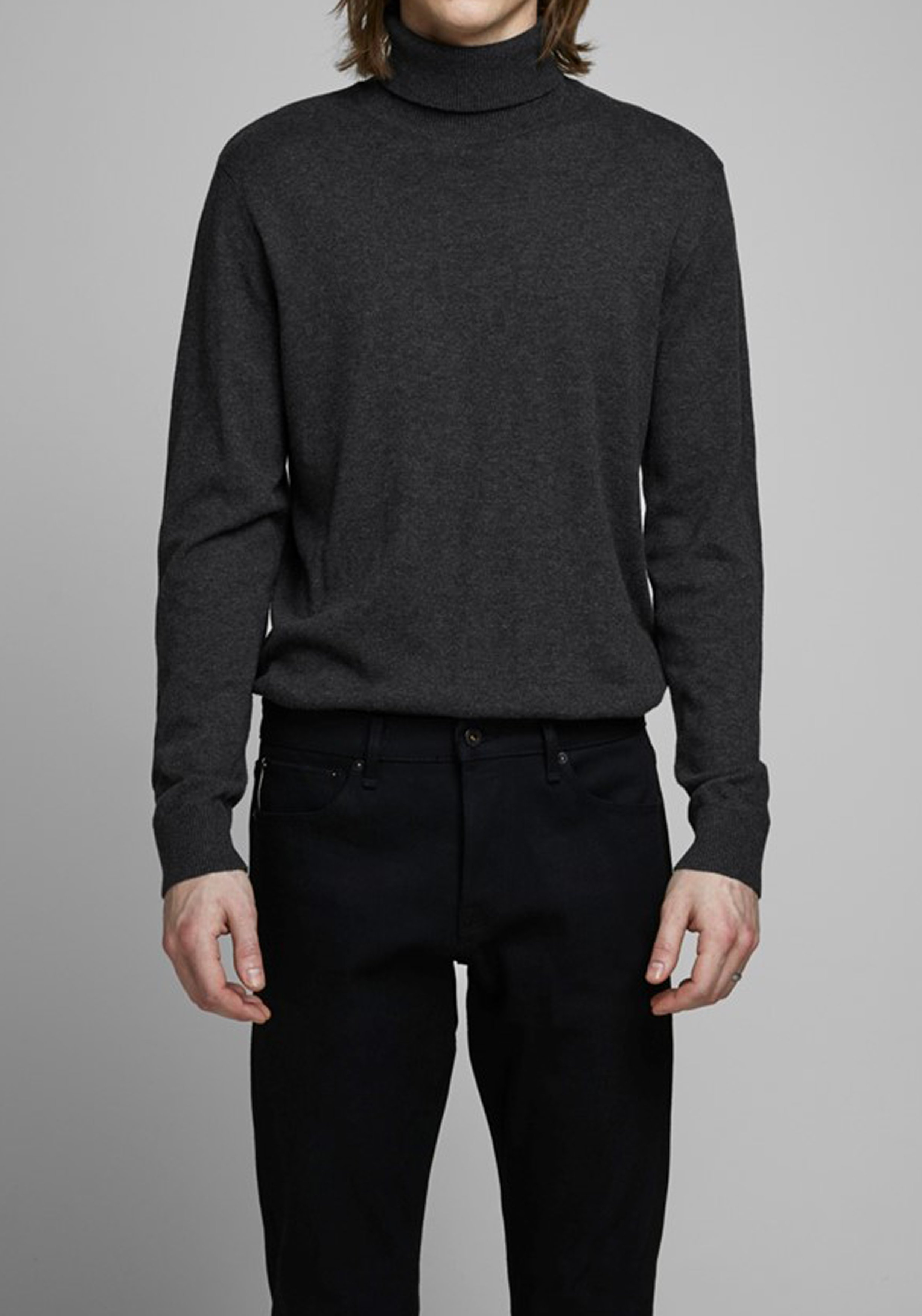 JACK & JONES slim fit coltrui katoen, antraciet grijs melange