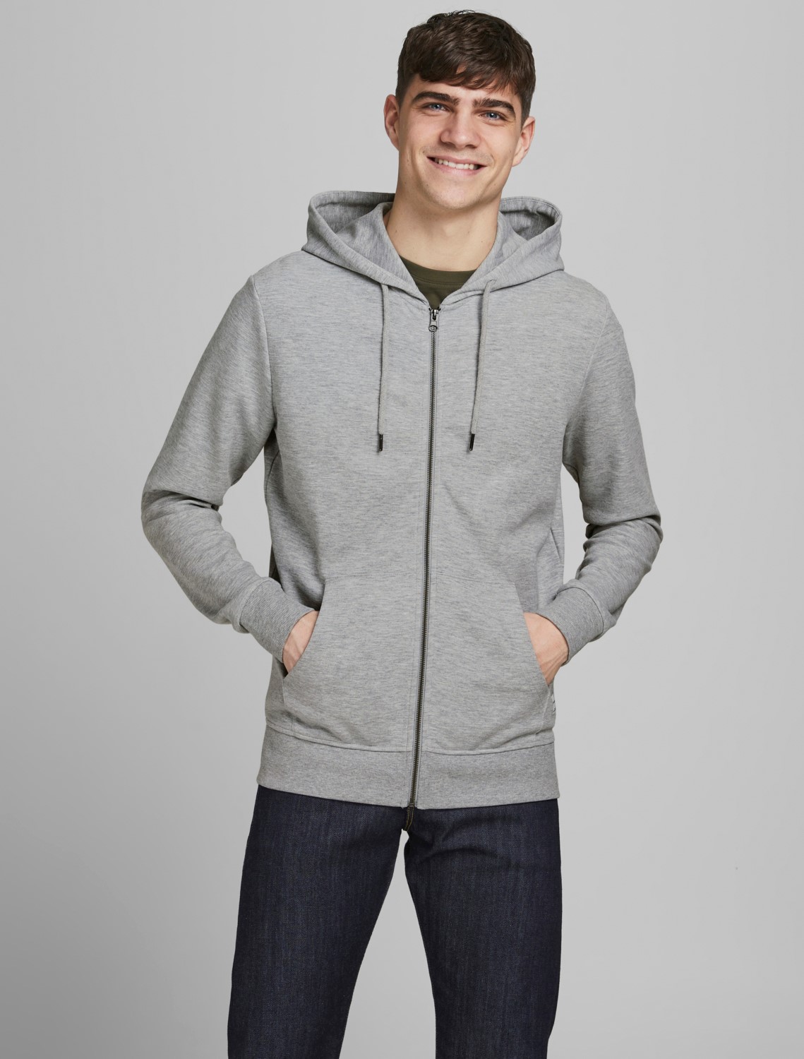 JACK & JONES Basic sweat zip hood slim fit, heren sweatvest katoenmengsel met capuchon, lichtgrijs melange