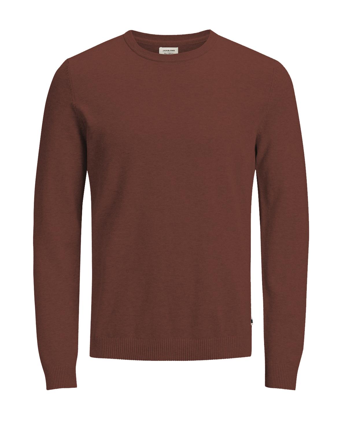 JACK & JONES Basic knit crew neck slim fit, heren pullover katoen met O-hals, cognac bruin