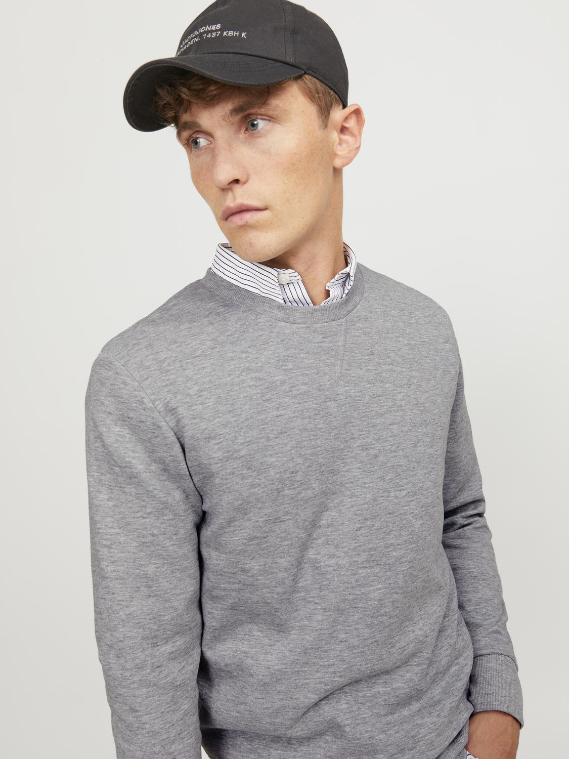 JACK & JONES Basic sweat crew neck regular fit, heren sweatshirt katoenmengsel met O-hals, lichtgrijs melange