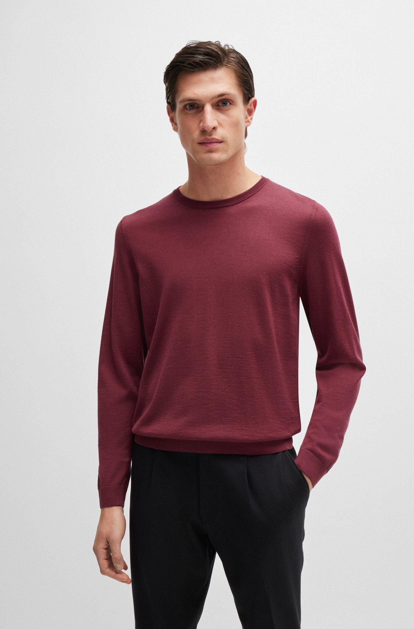 BOSS Leno slim fit trui wol, heren pullover middeldik O-hals, rood