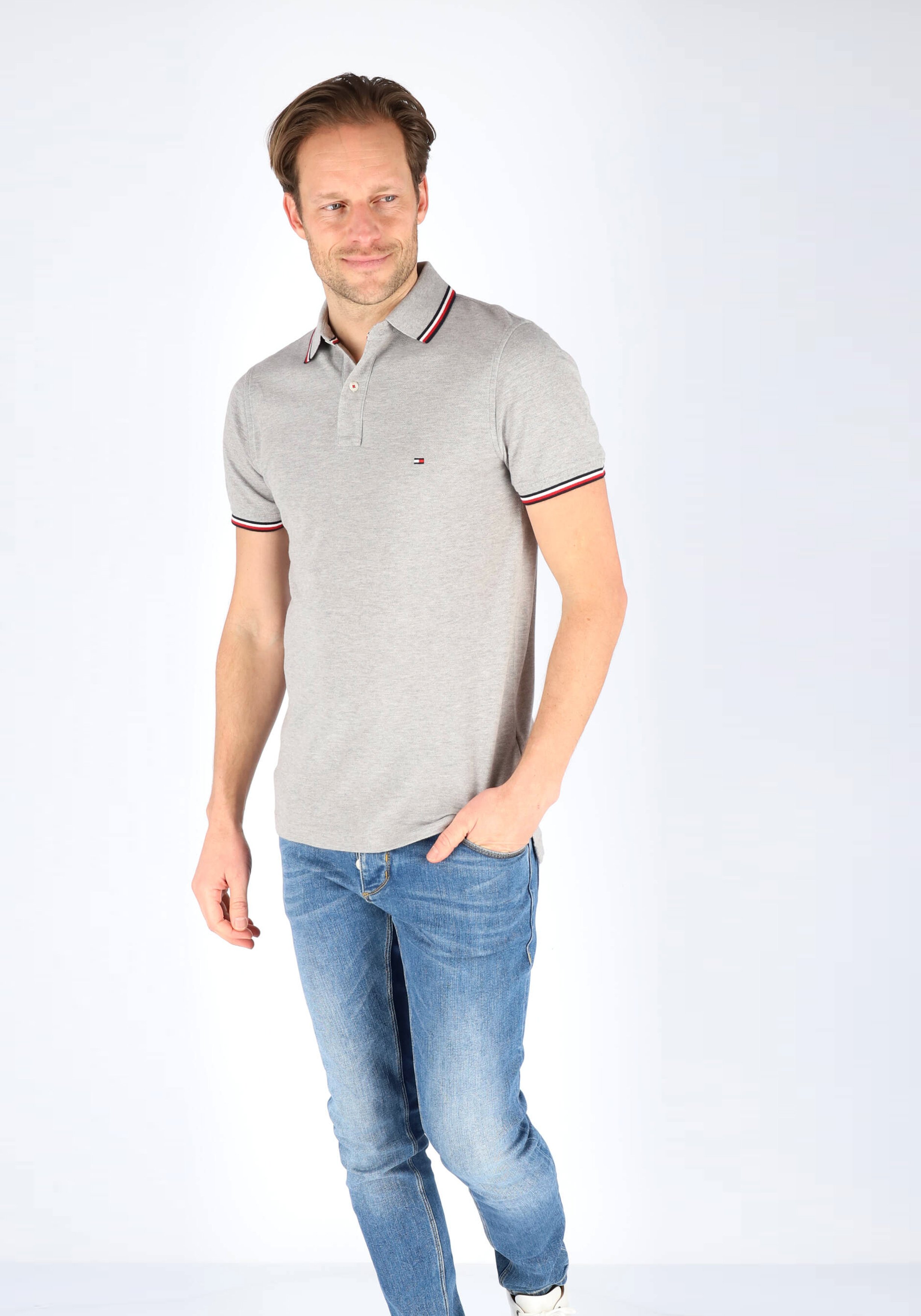 Tommy Hilfiger Core slim fit polo, heren polo met contrastbiezen, grijs melange