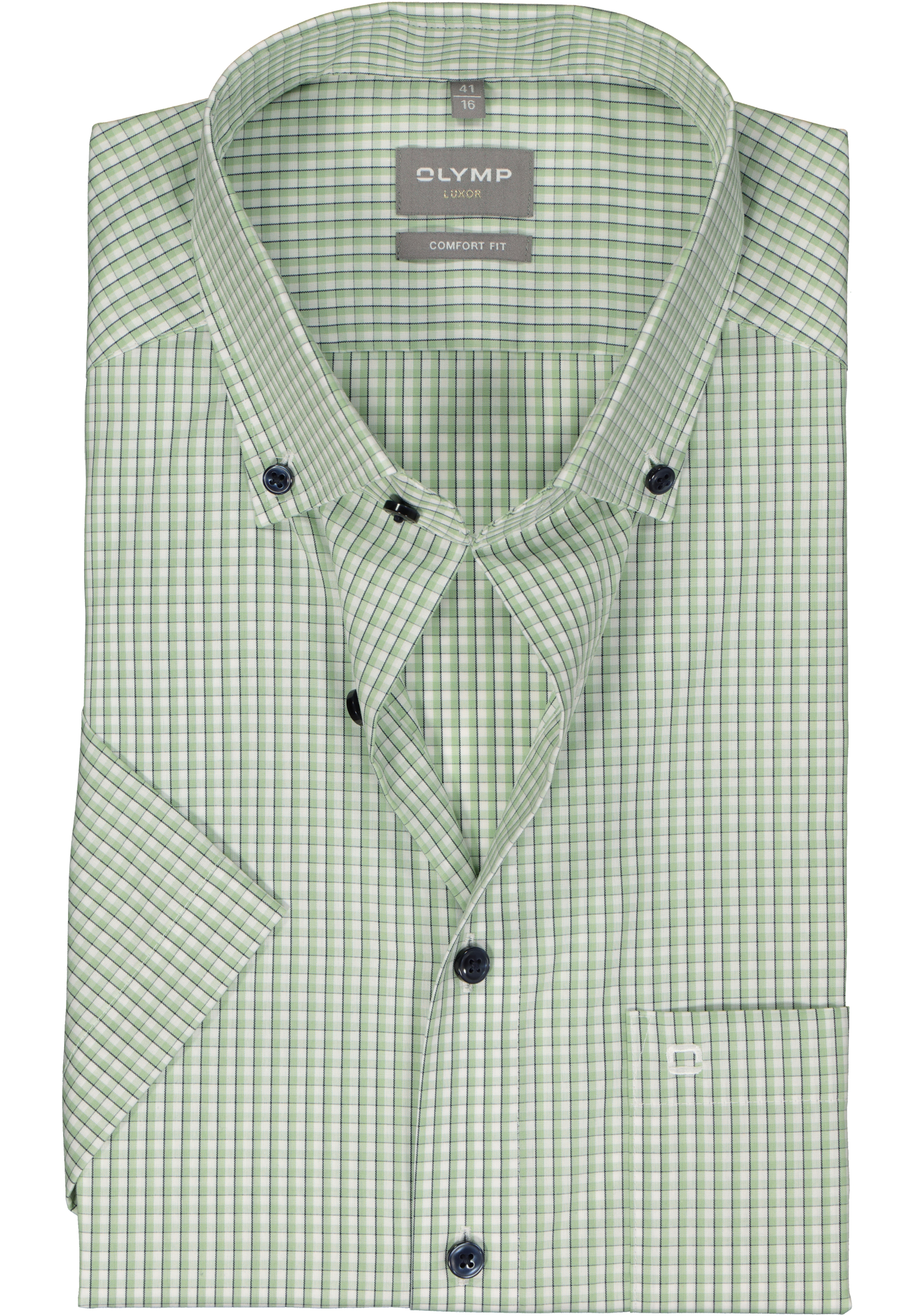 OLYMP comfort fit overhemd, korte mouw, popeline, wit met groen en blauw geruit