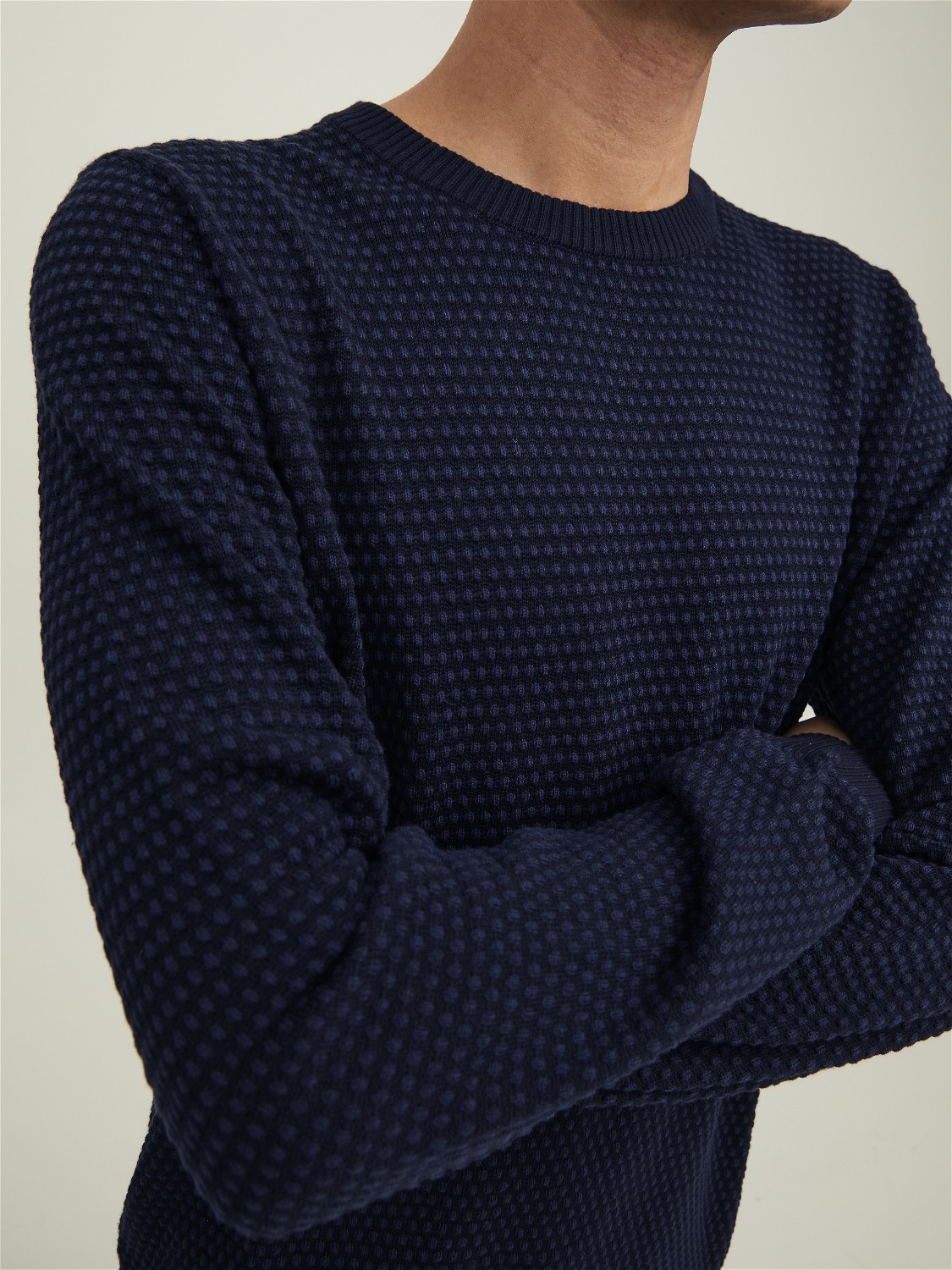 JACK & JONES Atlas knit crew neck slim fit, heren pullover katoen met O-hals, jeansblauw