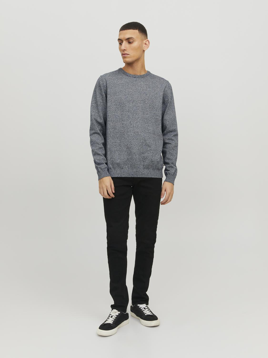 JACK & JONES Basic knit crew neck slim fit, heren pullover katoen met O-hals, blauw samen met offwhite