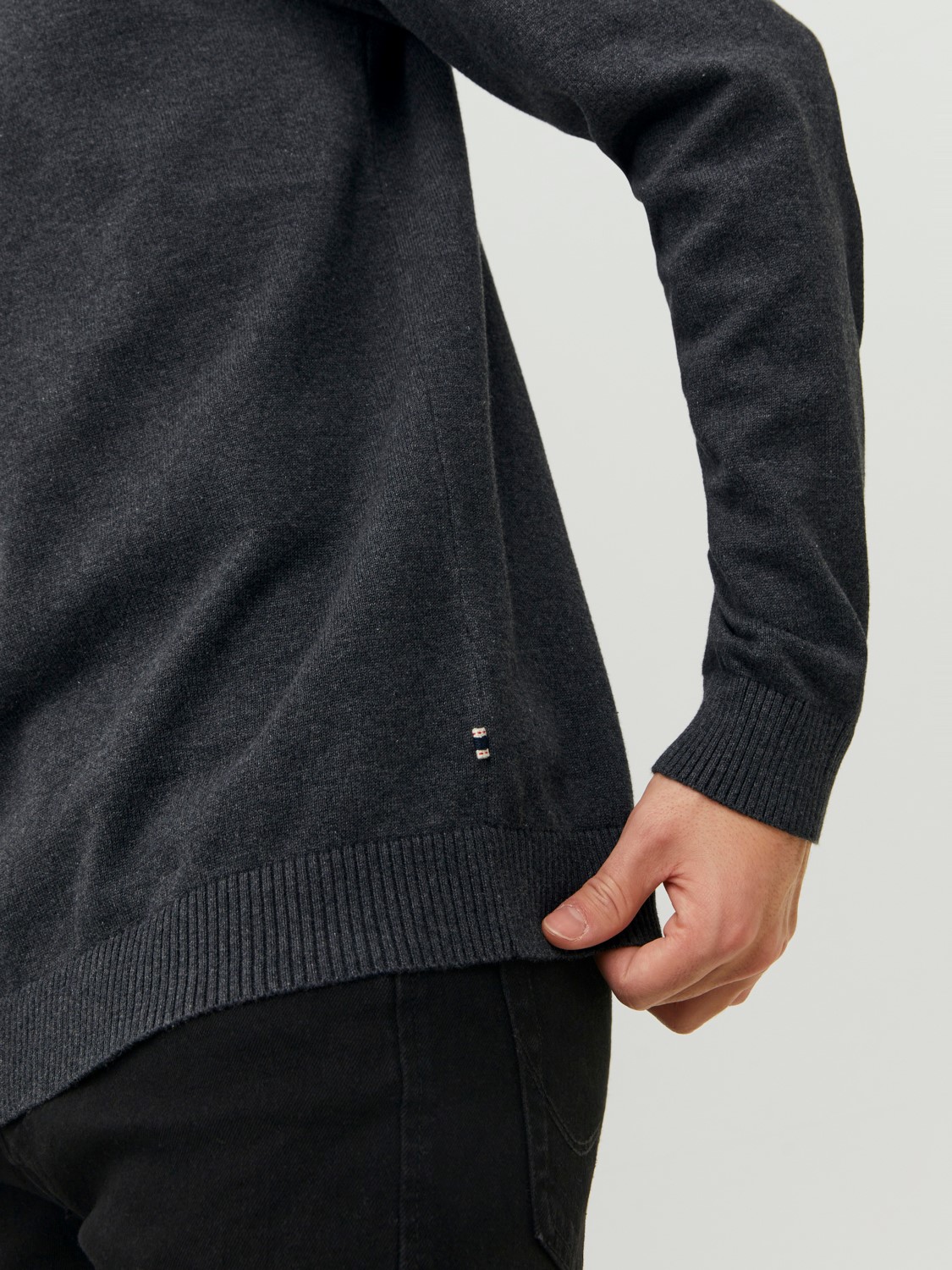 JACK & JONES Basic knit crew neck slim fit, heren pullover katoen met O-hals, donkergrijs melange