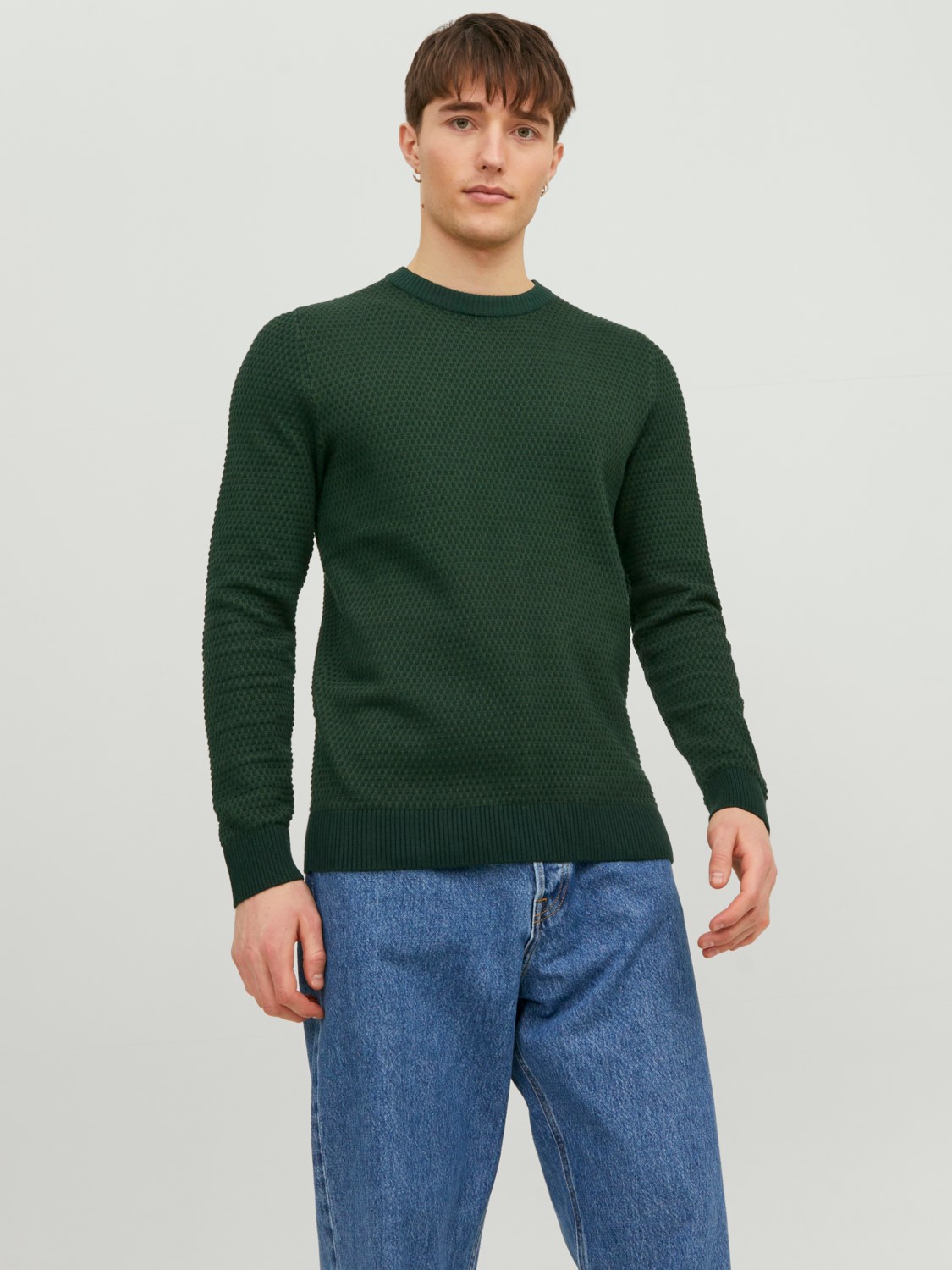 JACK & JONES Atlas knit crew neck slim fit, heren pullover katoen met O-hals, groen melange