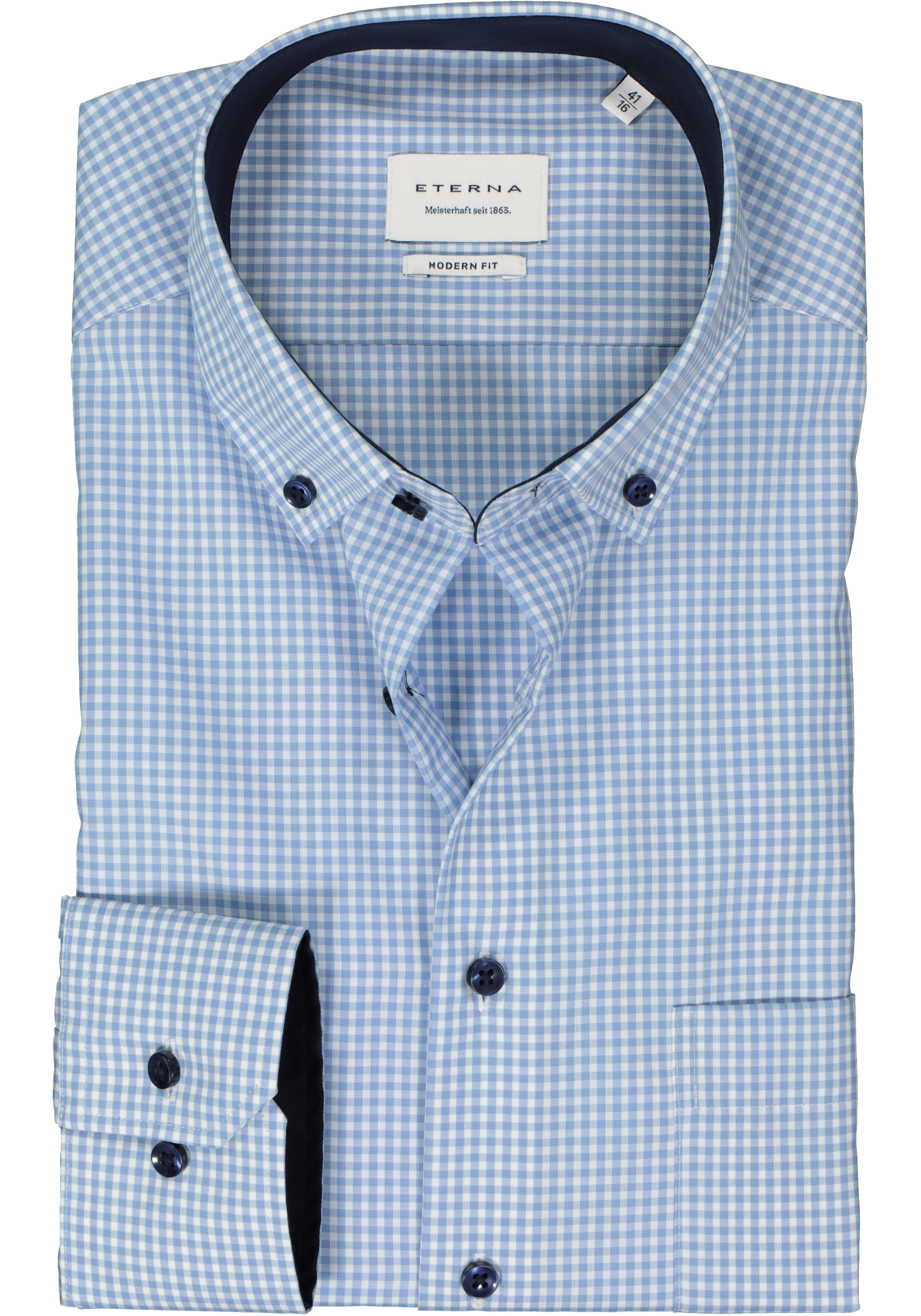 ETERNA modern fit overhemd, popeline, lichtblauw geruit (contrast)