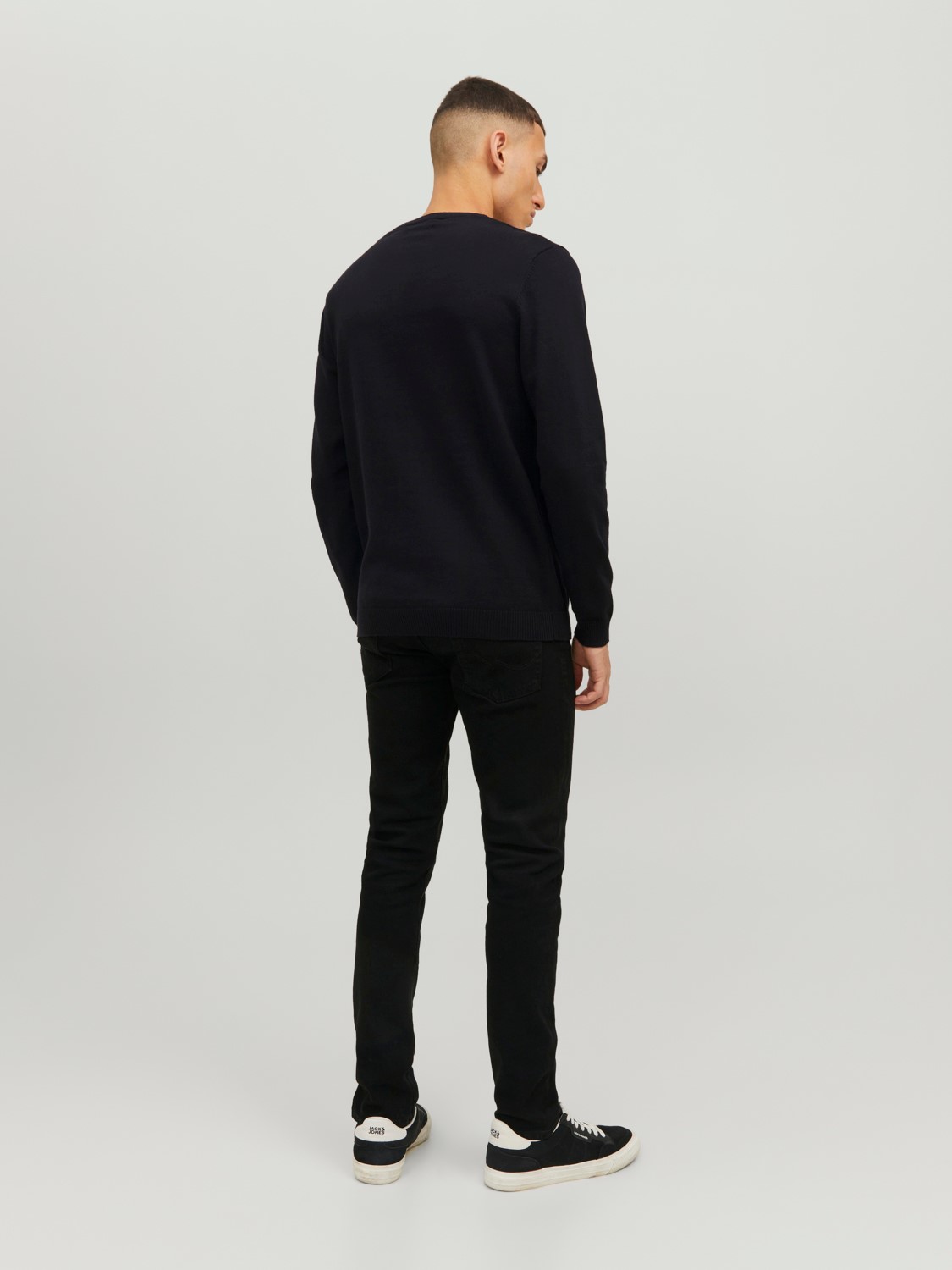 JACK & JONES Basic knit crew neck slim fit, heren pullover katoen met O-hals, zwart