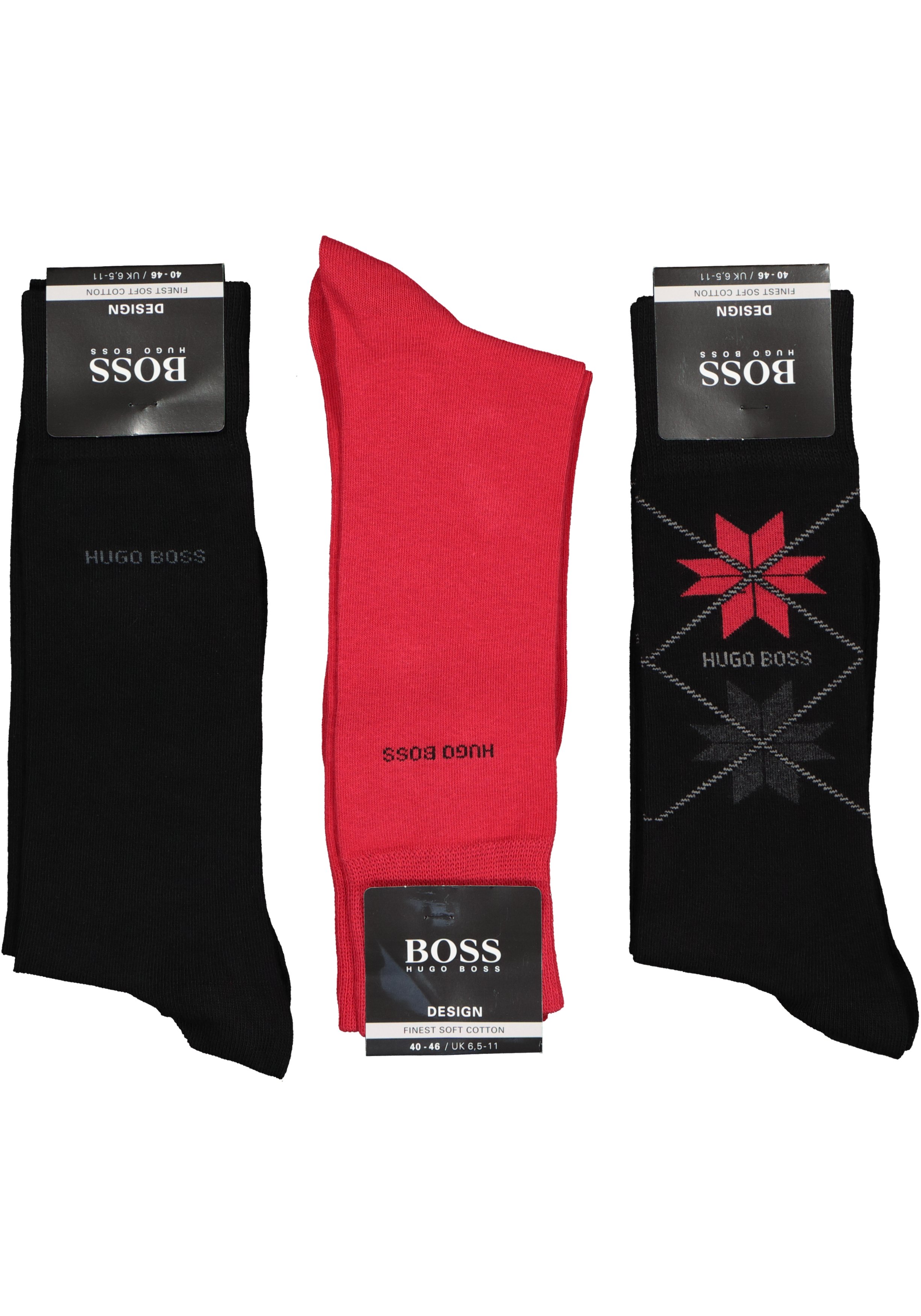 HUGO BOSS cadeauset sokken, giftbox met 3 paar heren sokken, zwart, rood en sneeuwvlok dessin