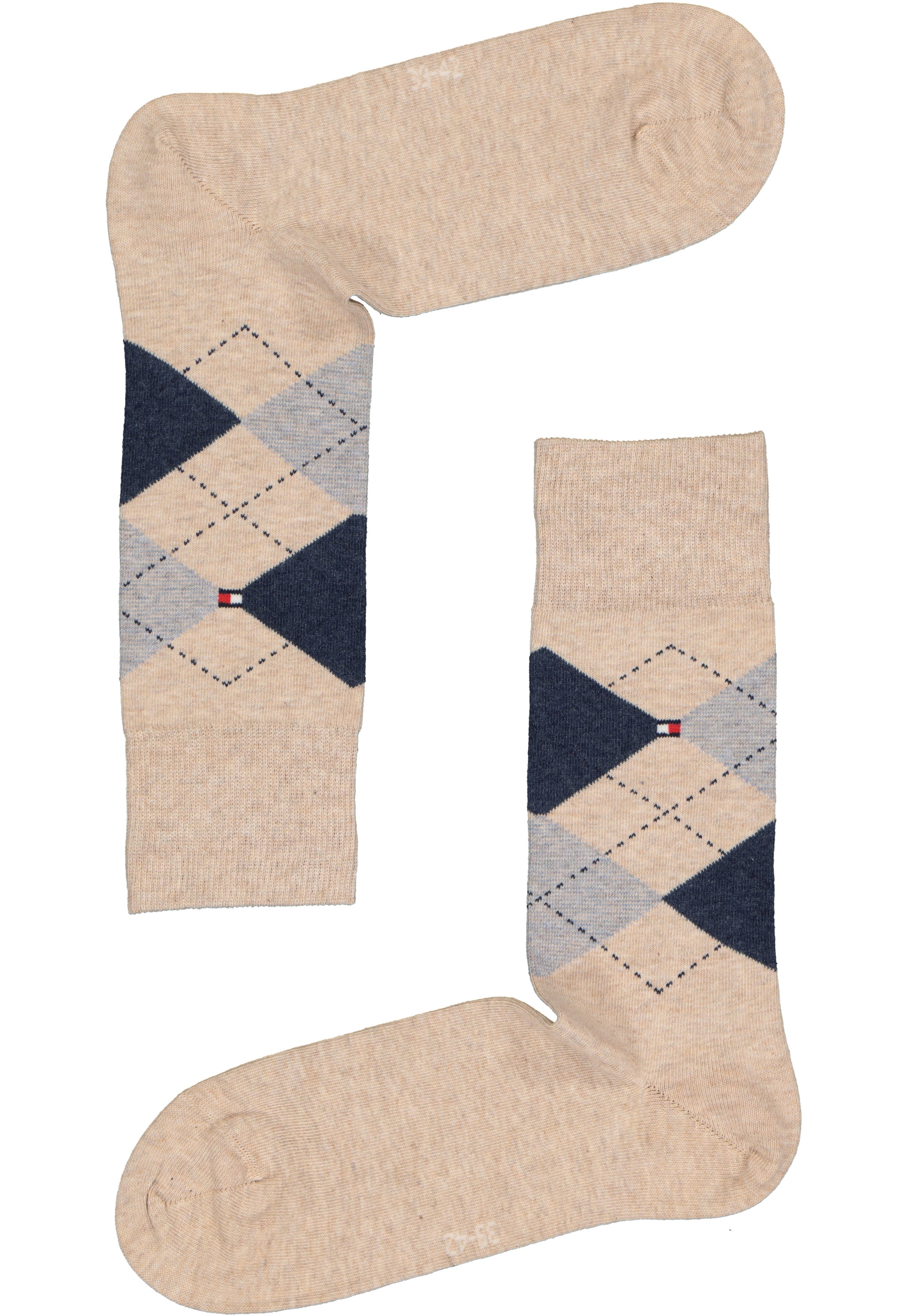 Tommy Hilfiger Check Socks (2-pack), herensokken katoen, geruit en uni, beige met jeansblauw