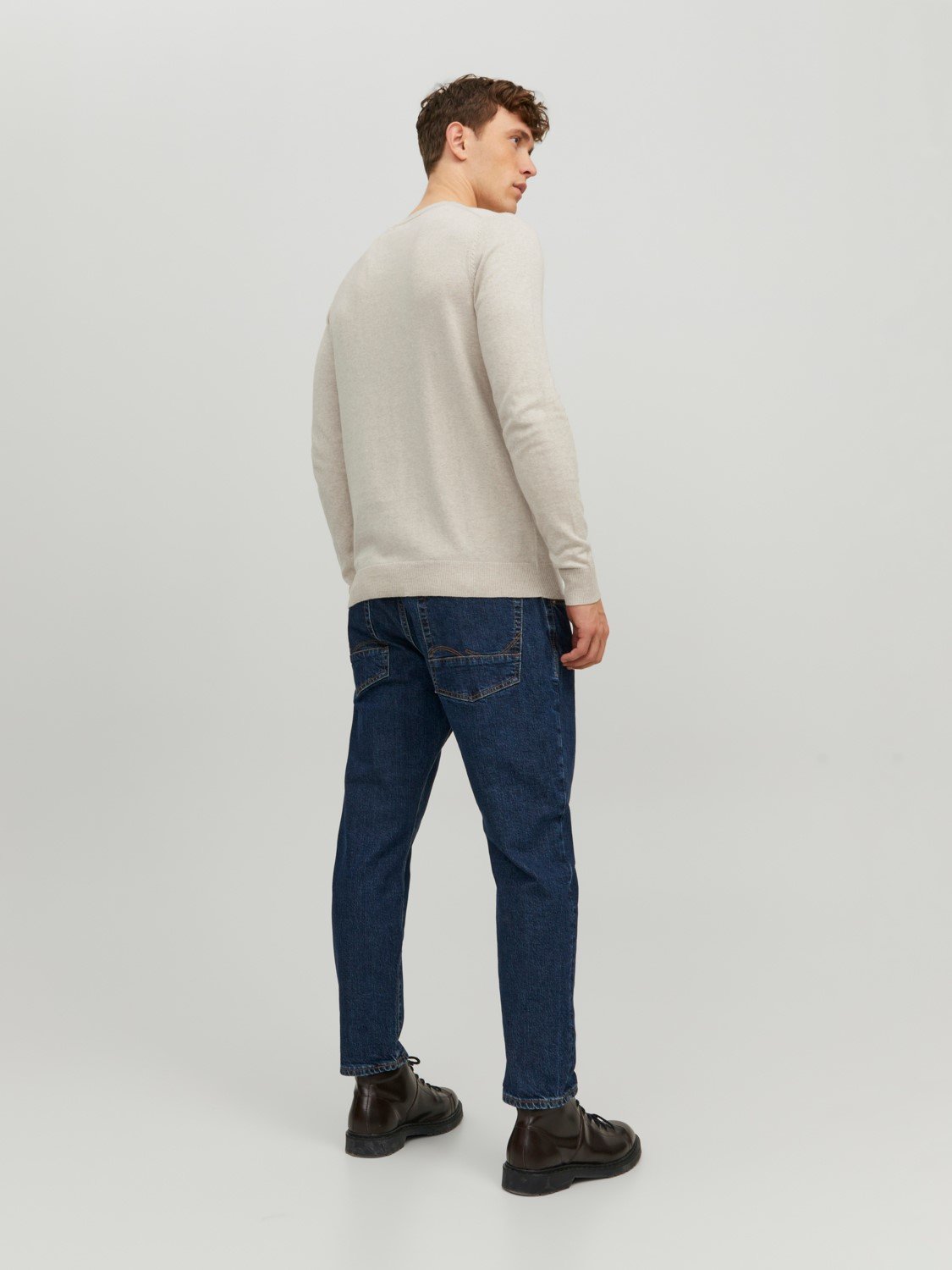 JACK & JONES Emil knit crew neck slim fit, heren pullover viscosemengsel met O-hals, beige melange