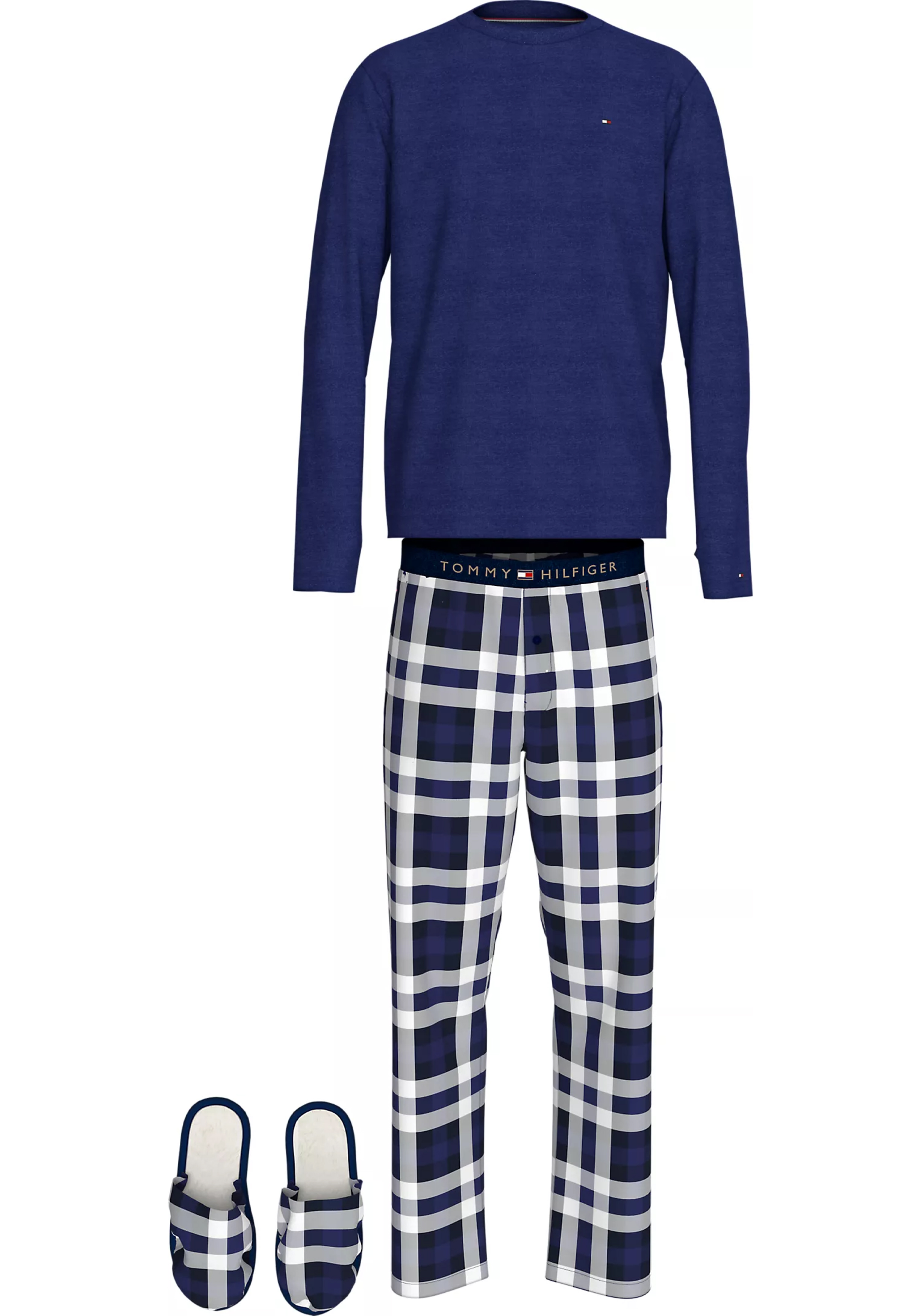 Tommy Hilfiger heren pyjama set, blauw shirt en slippers met blauw met wit geruite broek