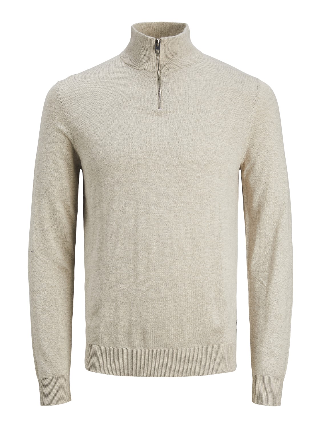 JACK & JONES Emil knit half zip slim fit, heren schipperstrui viscosemengsel met opstaande boord, beige melange