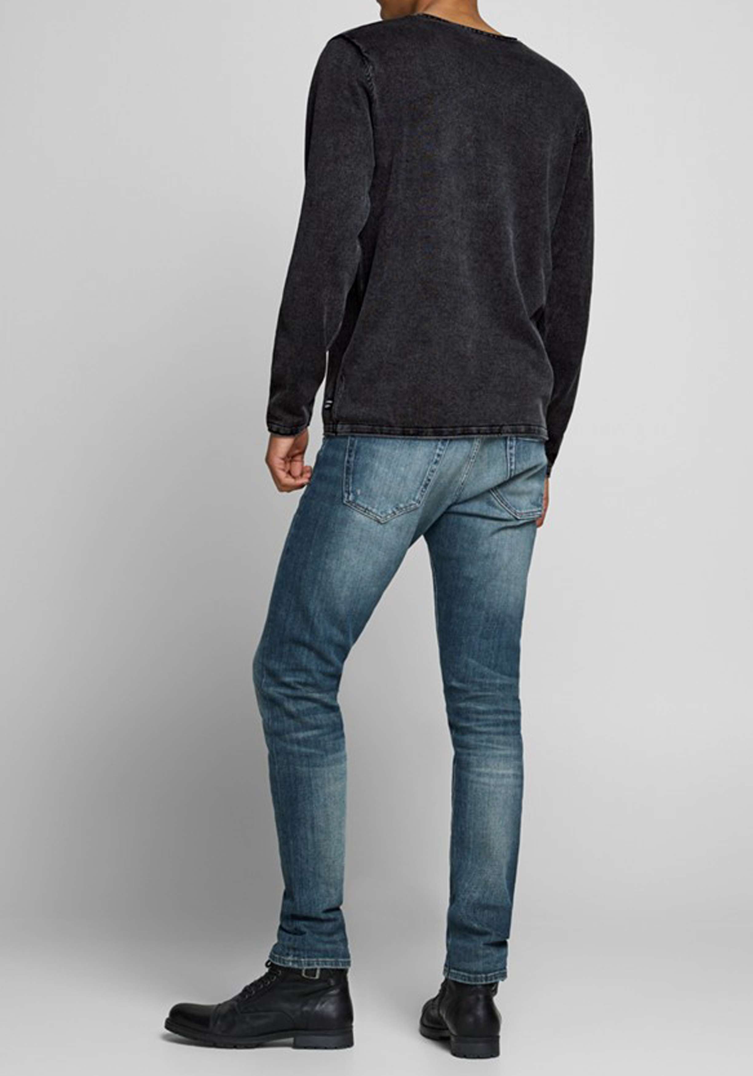 JACK & JONES slim fit trui katoen, O-hals, verwassen zwart