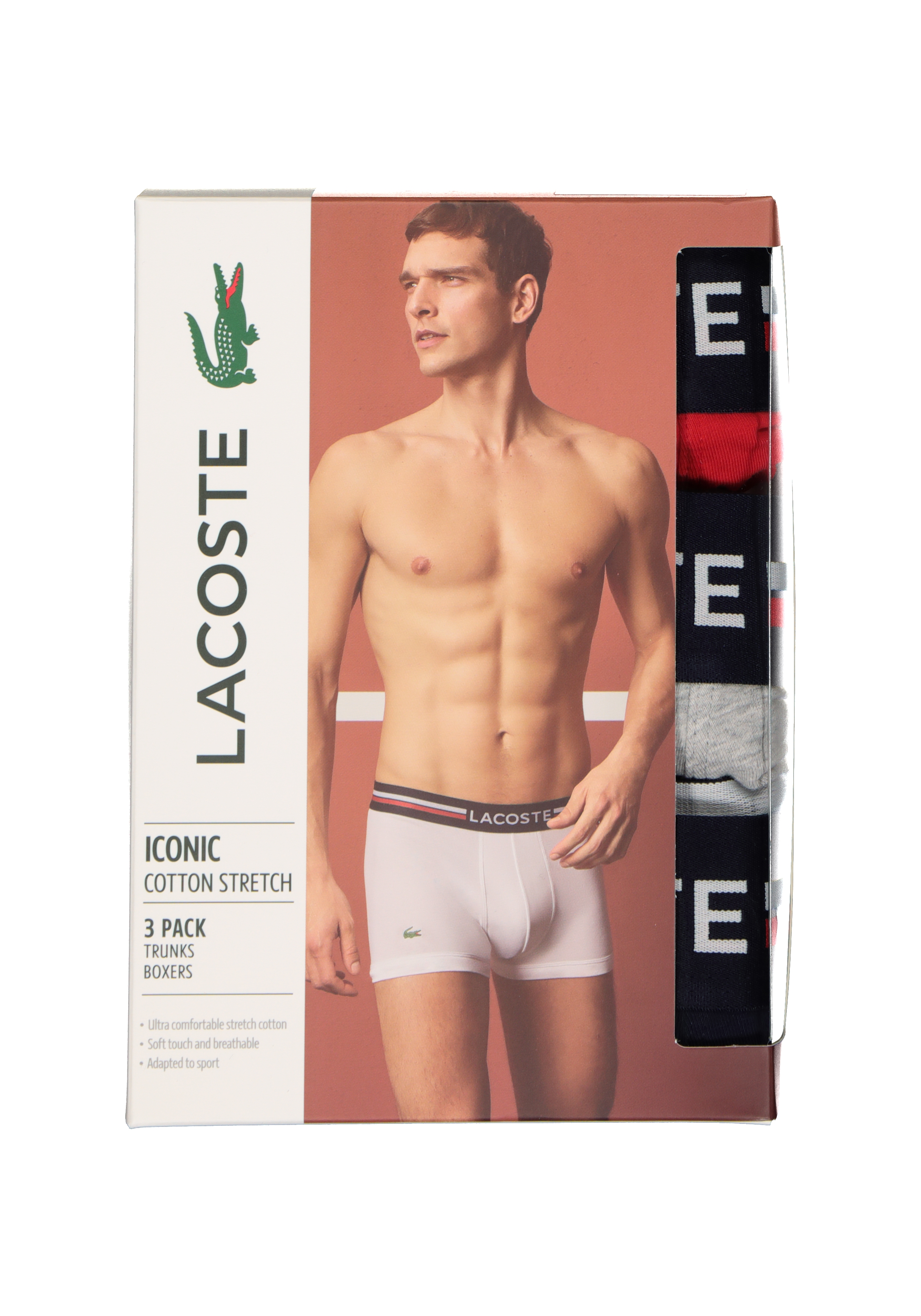 Lacoste Boxer Trunks (3-pack), heren boxers kort, rood, grijs en blauw