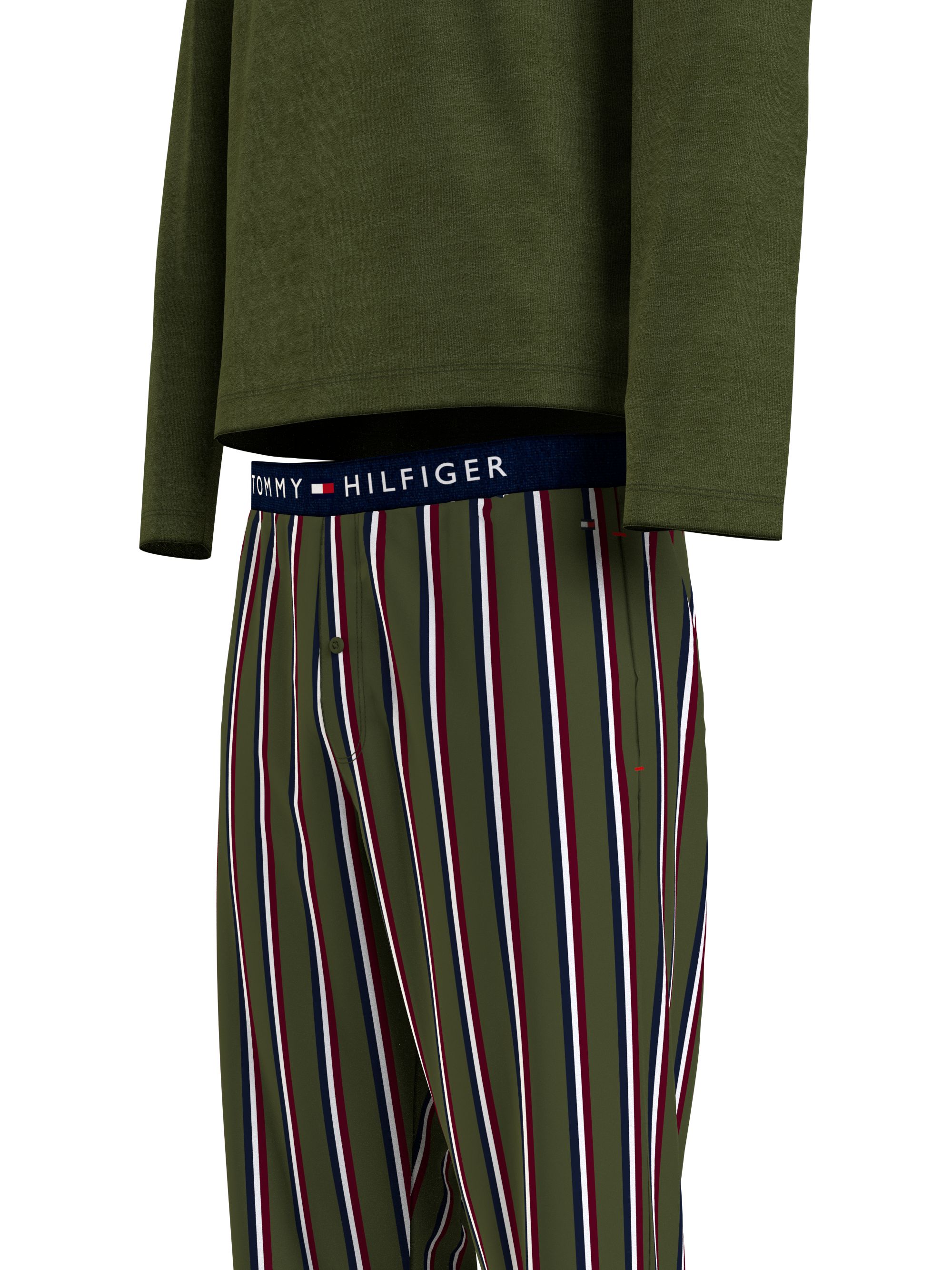 Tommy Hilfiger heren pyjama O-hals, woven set, olijfgroen met gestreepte broek