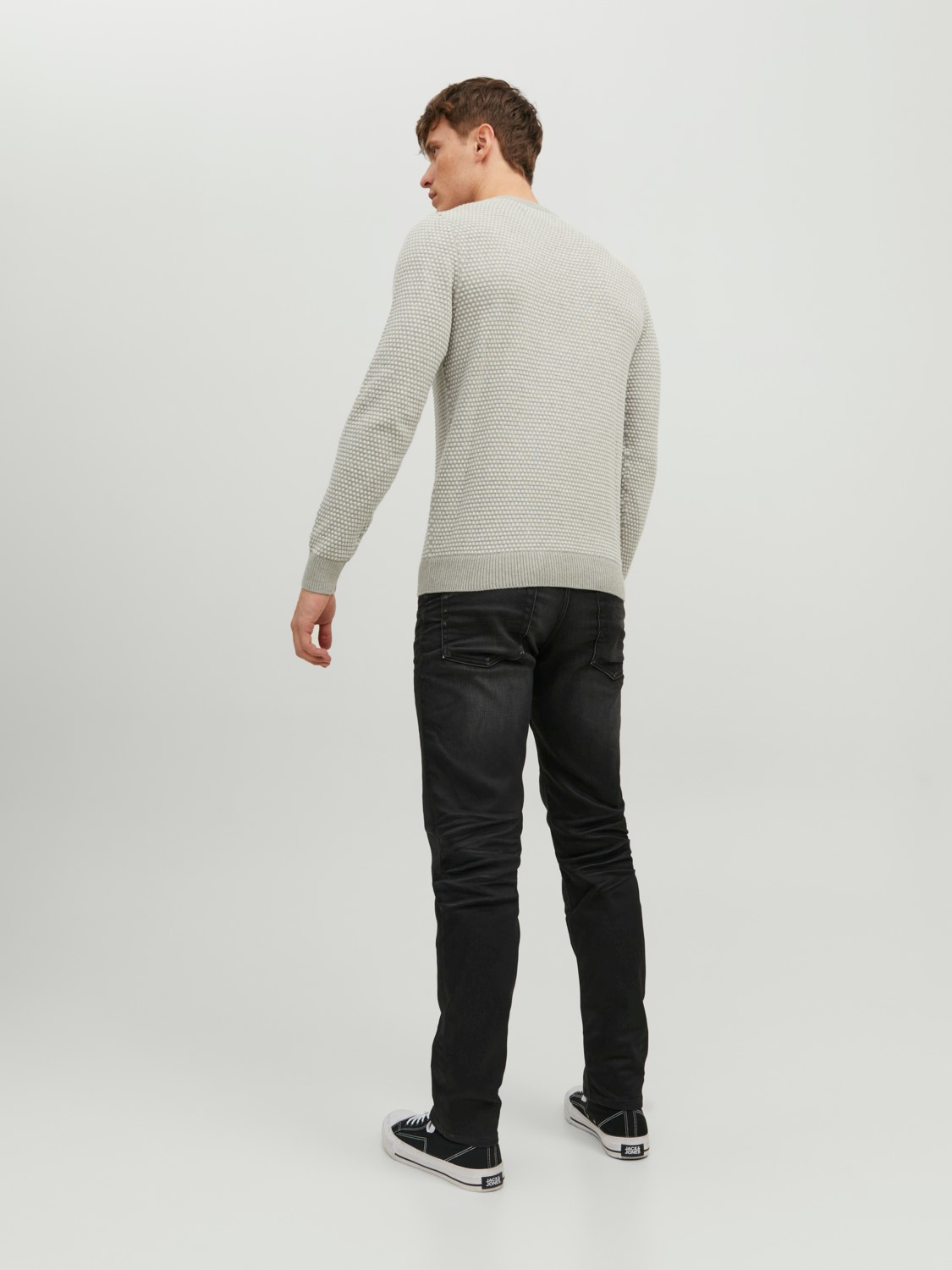 JACK & JONES Atlas knit crew neck slim fit, heren pullover katoen met O-hals, lichtgrijs melange