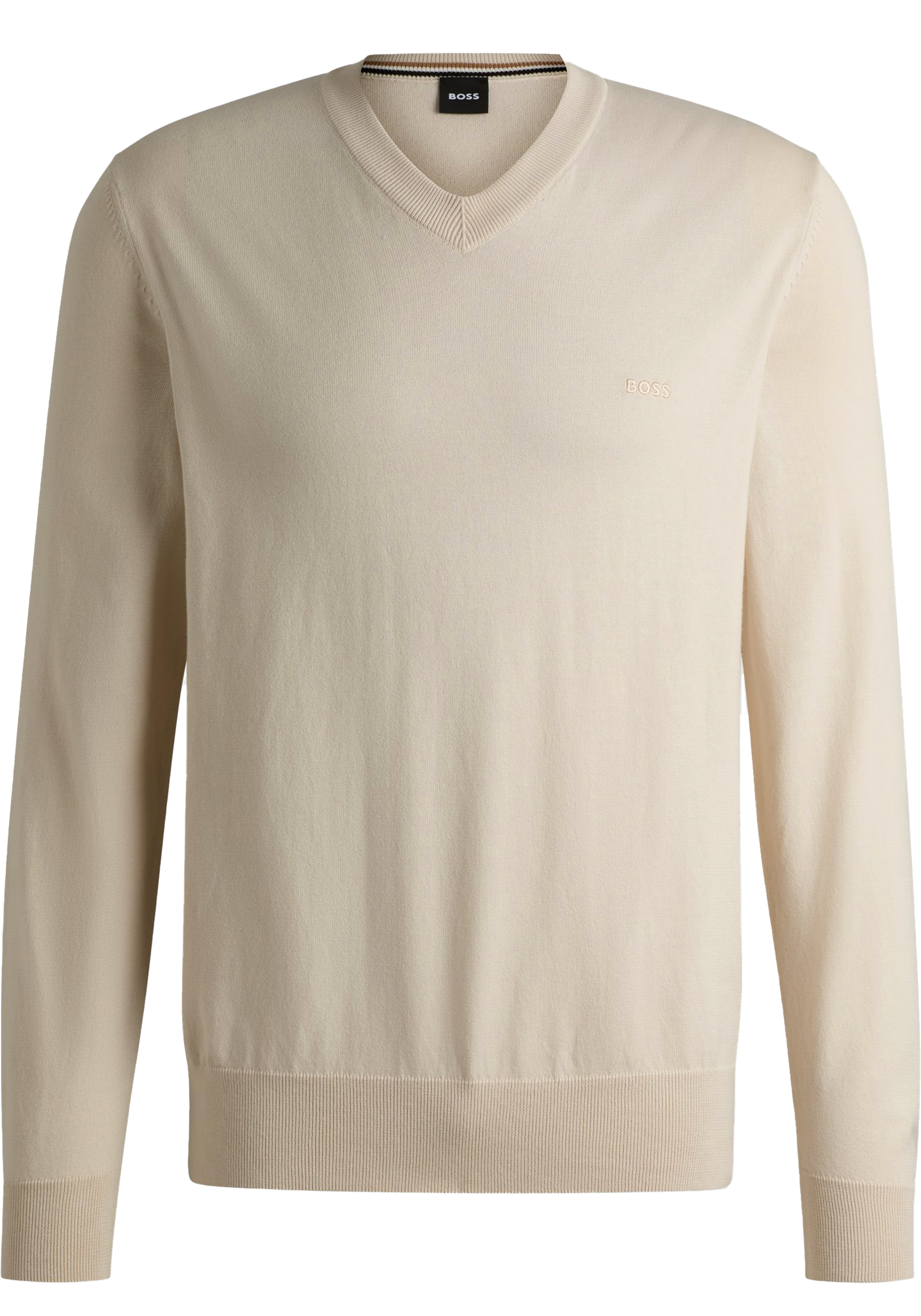 BOSS Pacello regular fit trui katoen, heren trui middeldik V-hals, licht beige